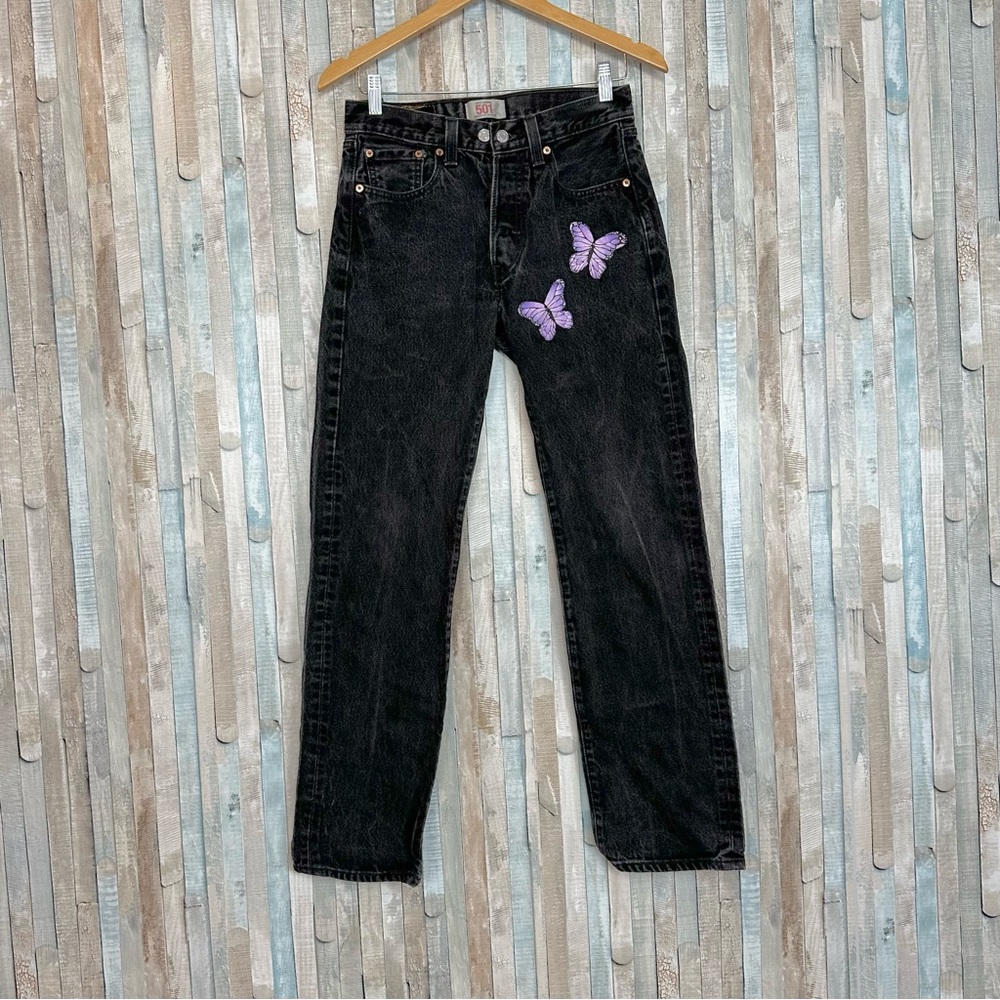 Levi’s 29 Vintage 501 Straight Leg High Waist Jean Black Painted Butterfly DIY